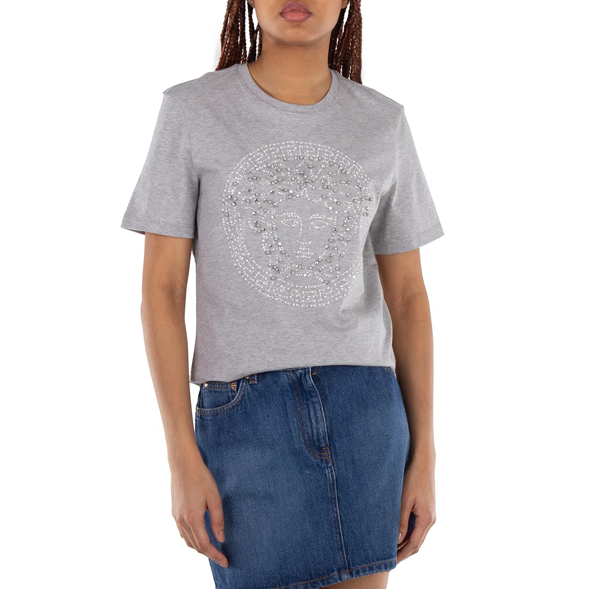 Футболка хлопковая с кристаллами Medusa Versace, Light Grey