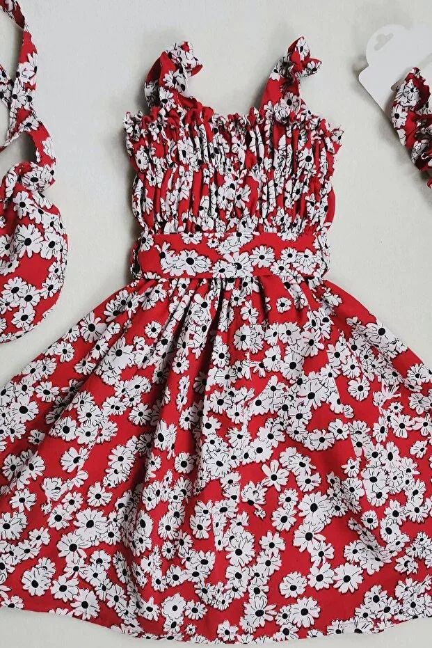 Детское платье для девочек с принтом Çıtı pıtı holiday summer floral patterned girl's dress with bag, bandana and belt Generic Brands, Red