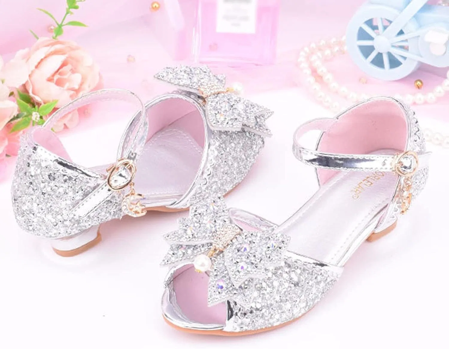 Детские кроссовки для девочек с бантом и блестками Sneakers for Girls Size 13 with Bow and Glitter Childrens Dance Shoes Glitter High Tops Kids Sparkly Shoes, Silver — фото 3