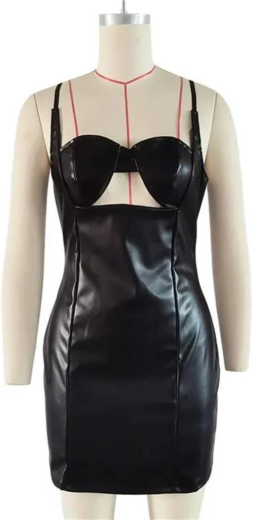 Женское платье с подтяжками и вырезами на талии PU, Black — фото 4