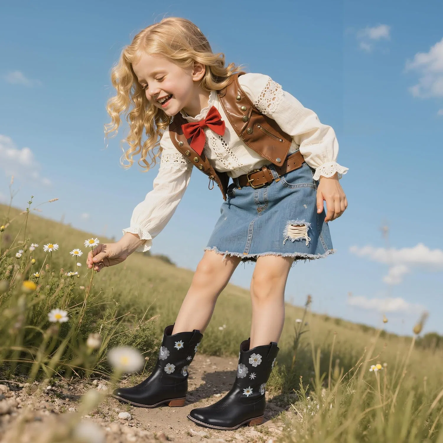 Детские сапоги для девочек с цветочной вышивкой Cowgirl Boots Goiphrri, Black — фото 4