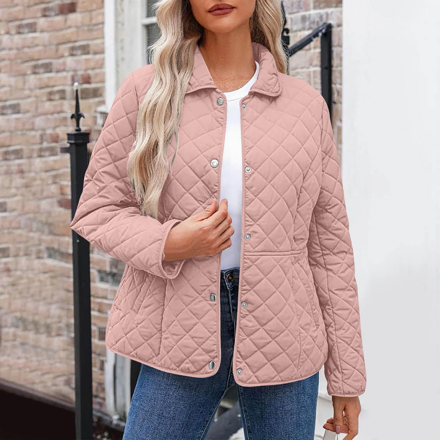 Женское стеганое пальто с ромбовидным воротником, 03 Pink — фото 2