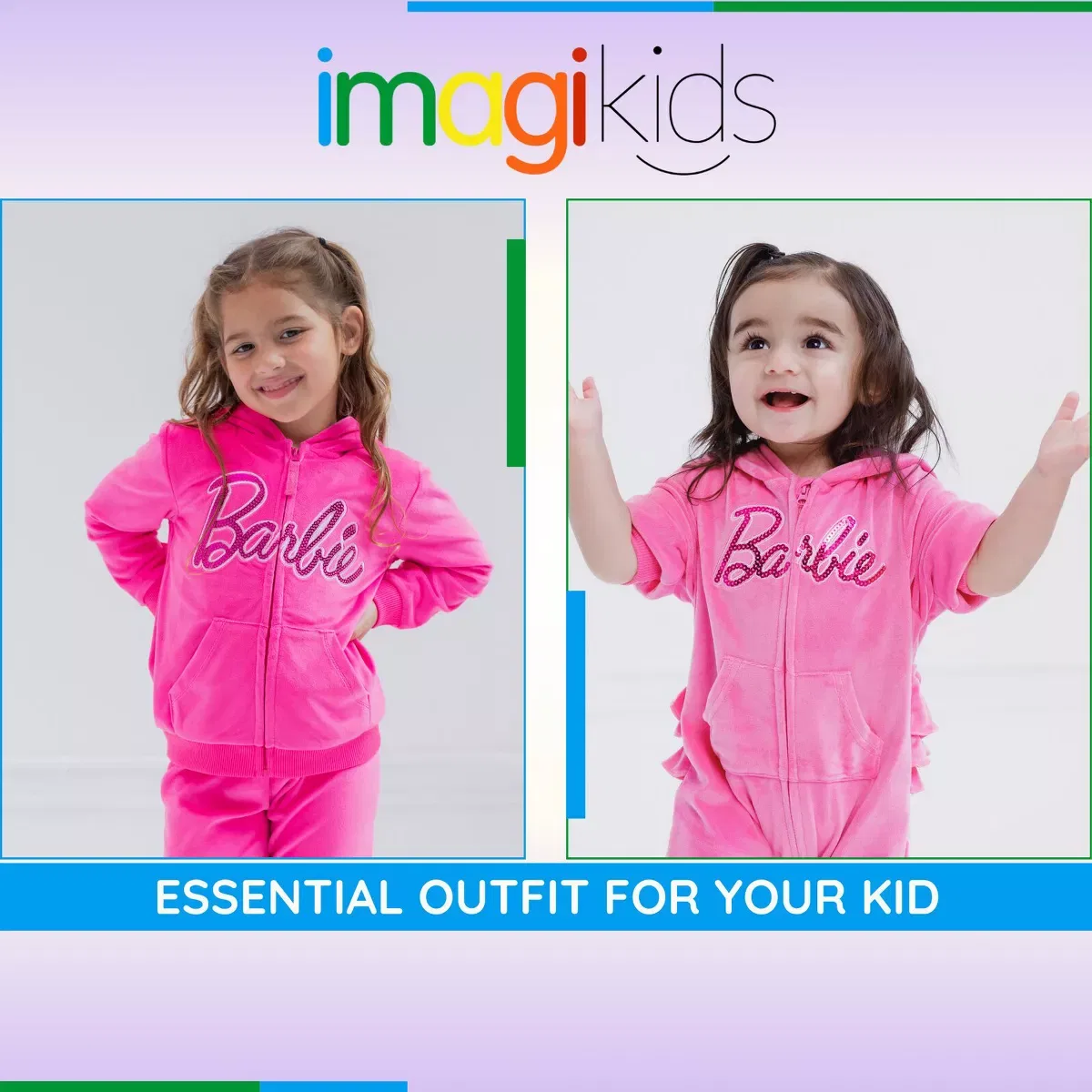 Детский спортивный комплект для девочек с принтом Barbie Velour Matching Family Zip Up Hoodie Tracksuit Pants Outfit Set Toddler Barbie, Pink — фото 3