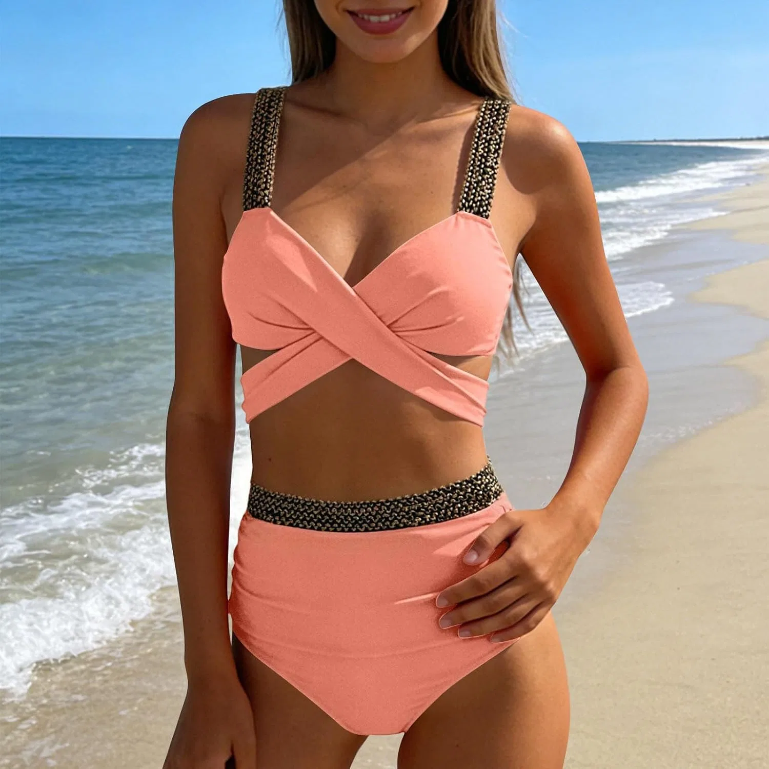 Женский бикини-комплект с перекрестной шнуровкой на спине, Pink — фото 2