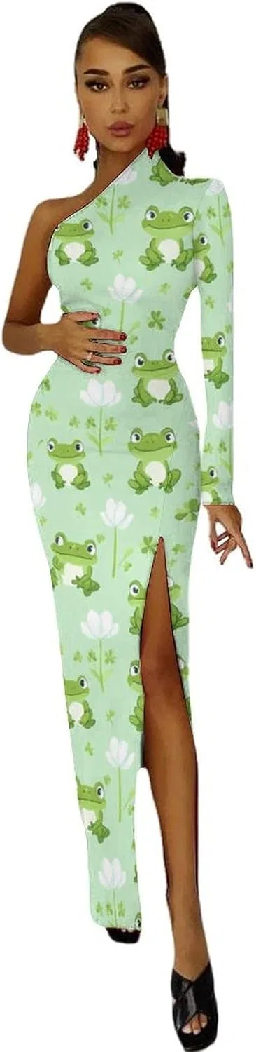 Женское коктейльное платье с одним плечом Green Frog Pattern, Style — фото 3