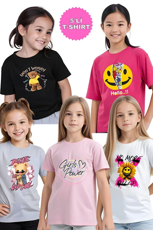 Детский набор футболок для девочек с принтом Panios Kids, Pink-Gray-White-Black-Fuchsia
