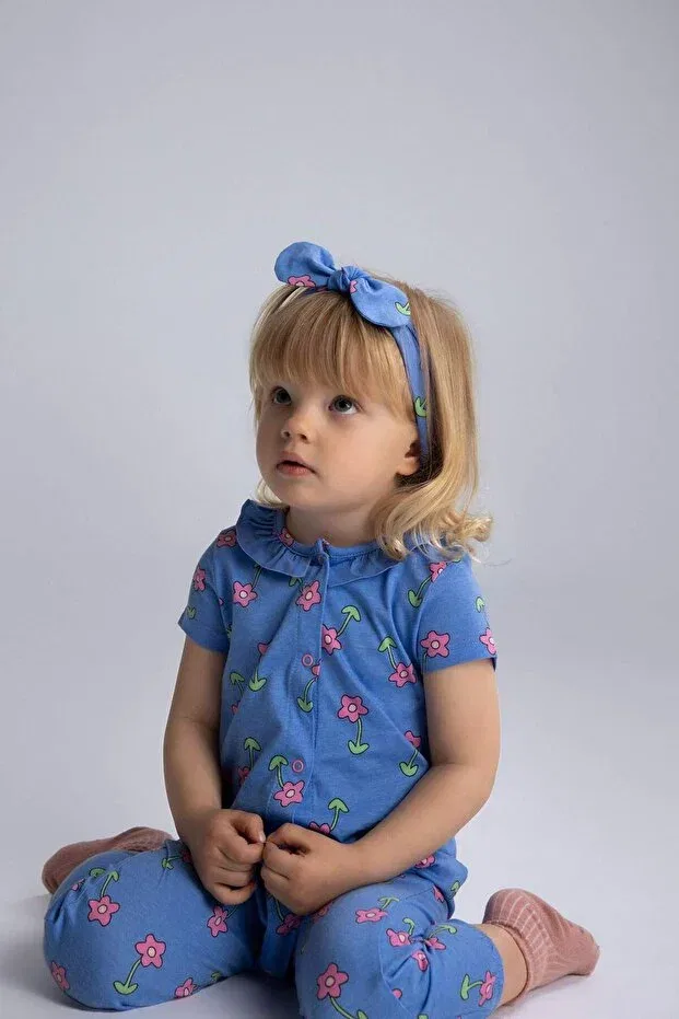 Детский комплект для девочек хлопковый с принтом 2-Piece set floral combed cotton short sleeve romper hairband baby girl newborn e8145a525sm Defacto, Blue-Be194 — фото 3