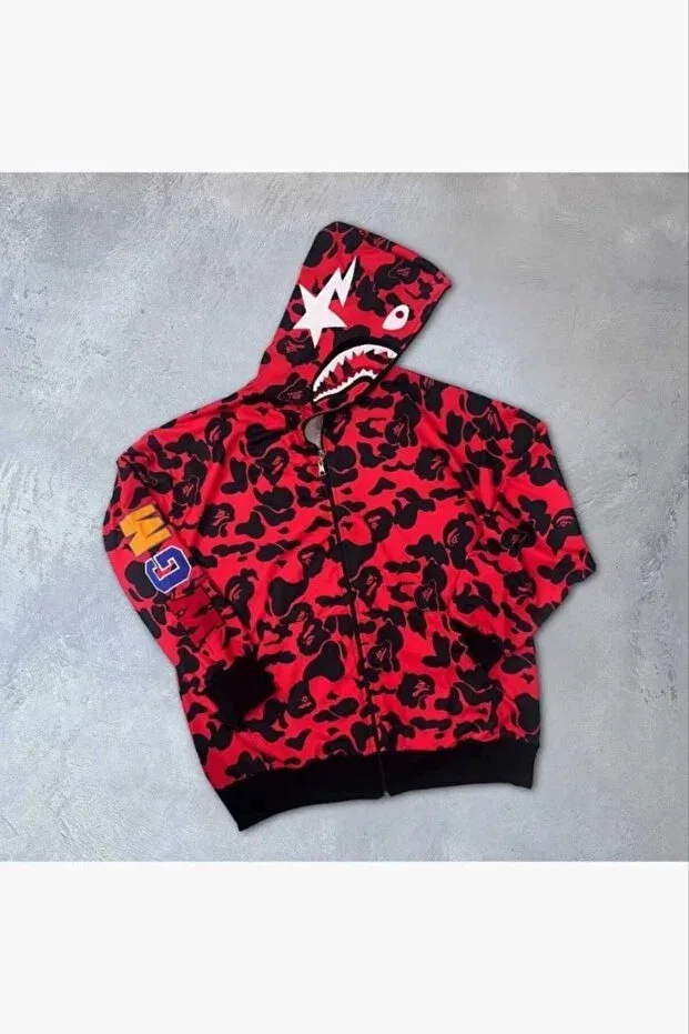 Детское худи-кардиган на молнии с графическим принтом Bape pubg x shark hoodie unisex cardigan full zipper embroidered transitional Axxan, Red — фото 2