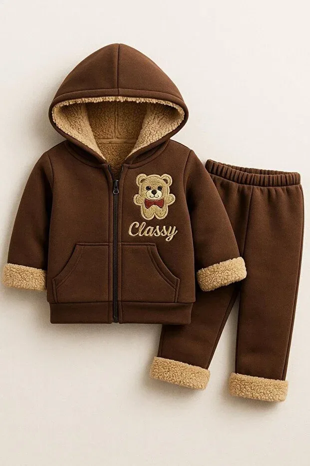 Детский комплект из худи и спортивных штанов для девочек с принтом Teddy Bear Detailed Soft Plush Classy Moda, Brown