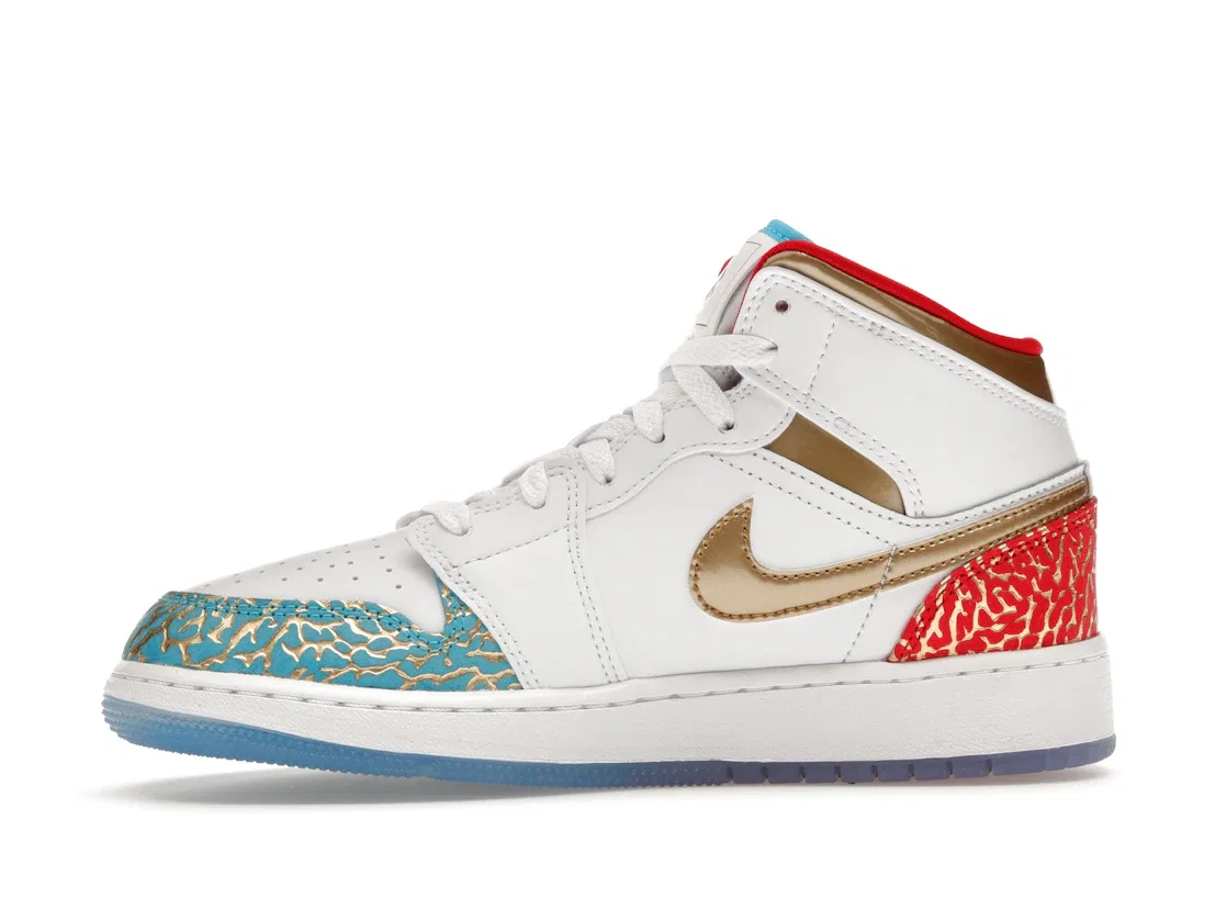 Детские кроссовки Lifestyle с принтом Jordan 1 Mid Jordan White/Metallic Gold-University Red-Blue Lightning-Wolf Grey — фото 3