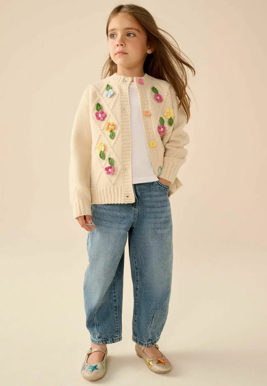 Кардиган стандартного кроя Little Bird, Cream Rainbow Floral Cable