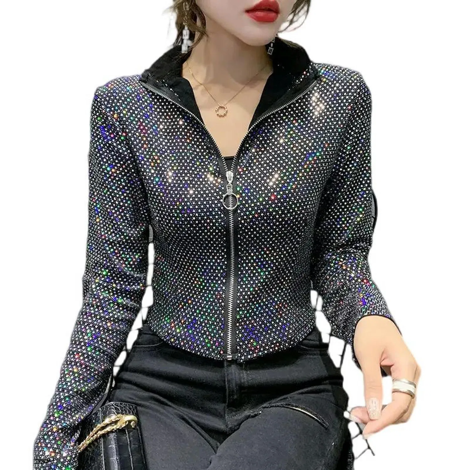 Женская куртка с блестками Glitter Moda Femminile Manica Lunga Design Senso Camicia con Fondo, Verde — фото 2