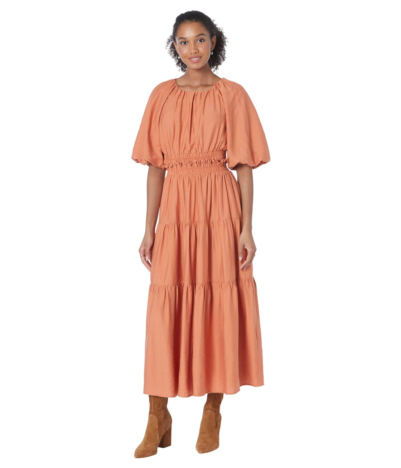 

Платье MOON RIVER, Puff Sleeve Back Cutout Midi Dress