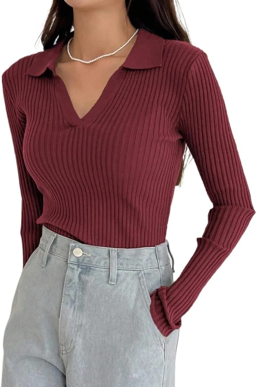 Женский свитер свободного кроя с длинным рукавом, Ribbed Crew Neck, красный