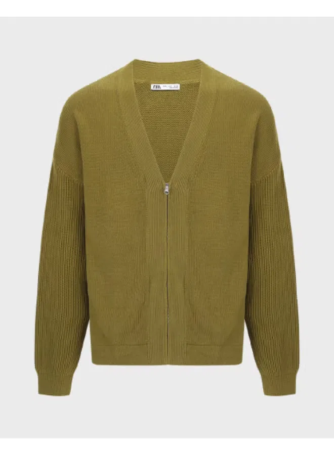 Кардиган с V-образным вырезом, хлопковый, Zara, коричнево-зеленый