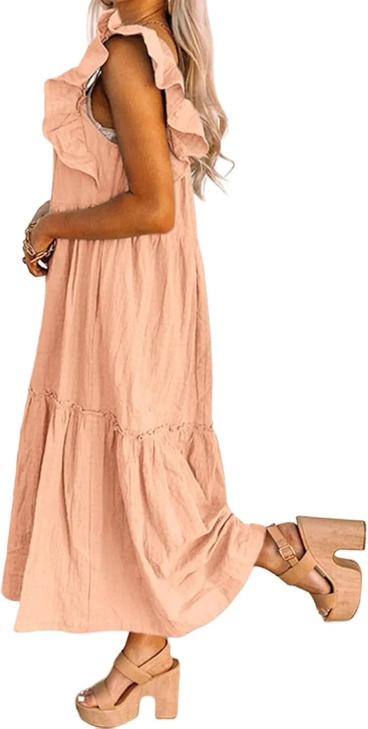 Женское летнее платье A-силуэта с квадратным вырезом и воланами, Orange — фото 3