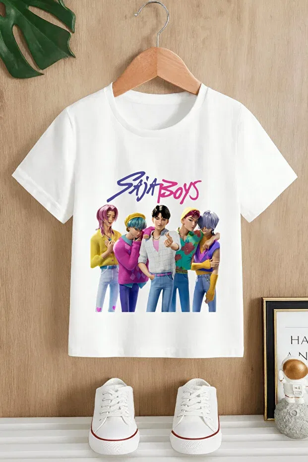 Детская футболка для девочек с принтом K-Pop demon hunters saja boys printed black-and-white t-shirt Mech Butik, White (5-Pack)