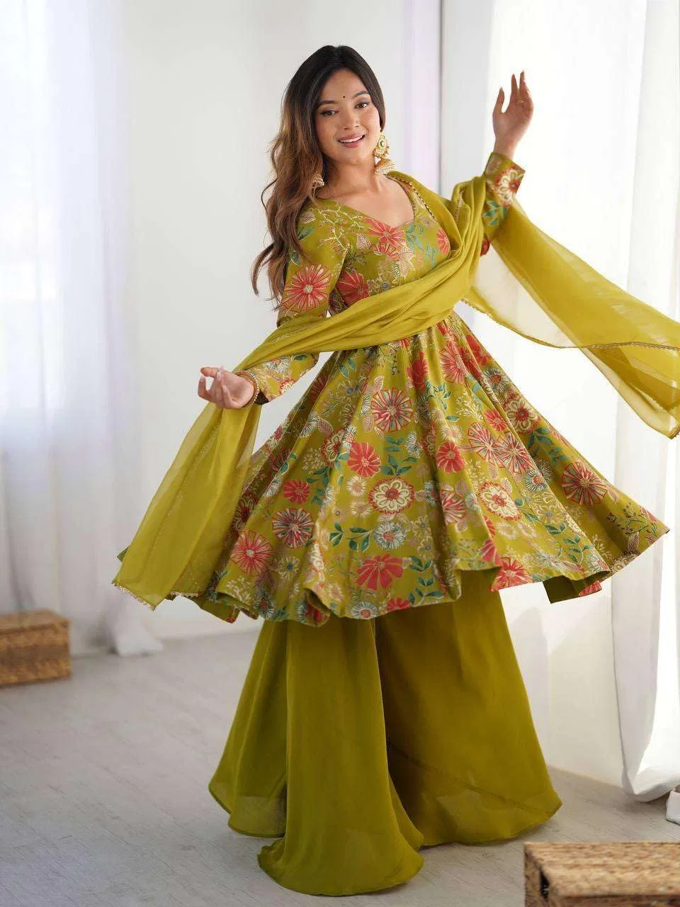 Женский комплект-туника с палаццо и пашминой, Anarkali, оранжевый — фото 3