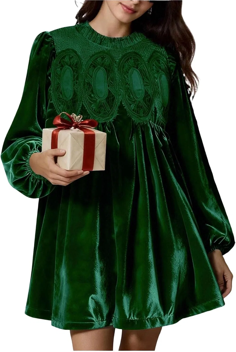 Женское платье-трапеция из вельвета с кружевом, модель Puff Sleeve Scallop Neck, зелёный — фото 2
