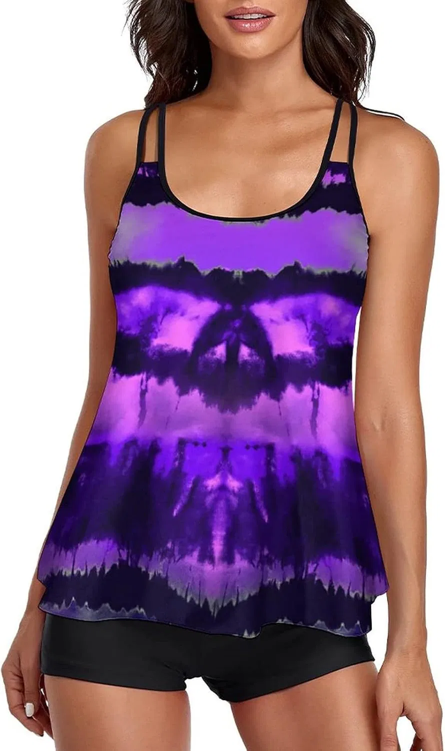 Женский танкини-купальник с длинным рукавом, двухкомплектный, Black/Purple