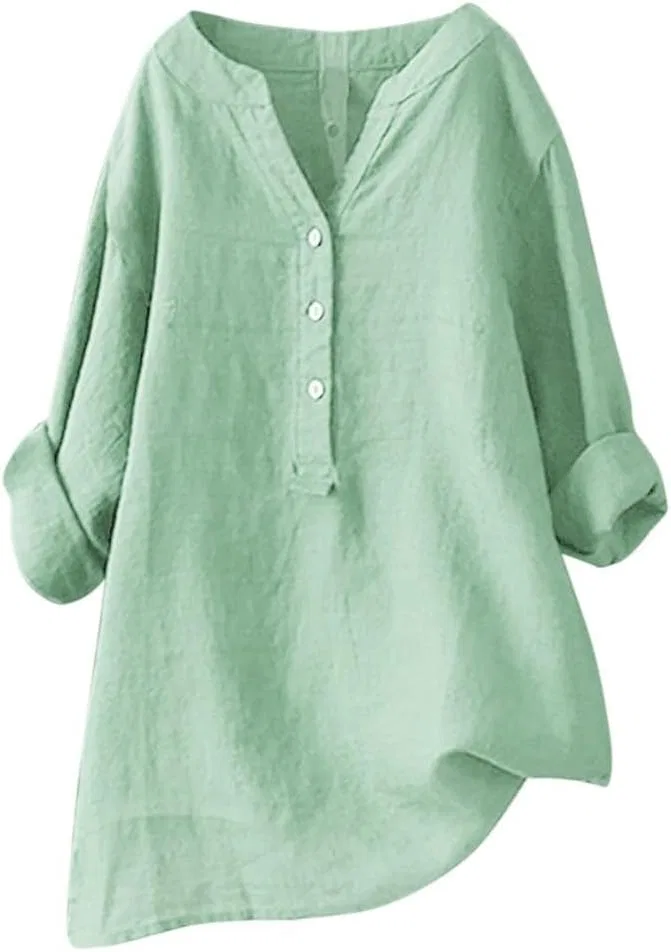 Женская блуза с V-образным вырезом и пуговицами Cotton Blouses for Women, Green