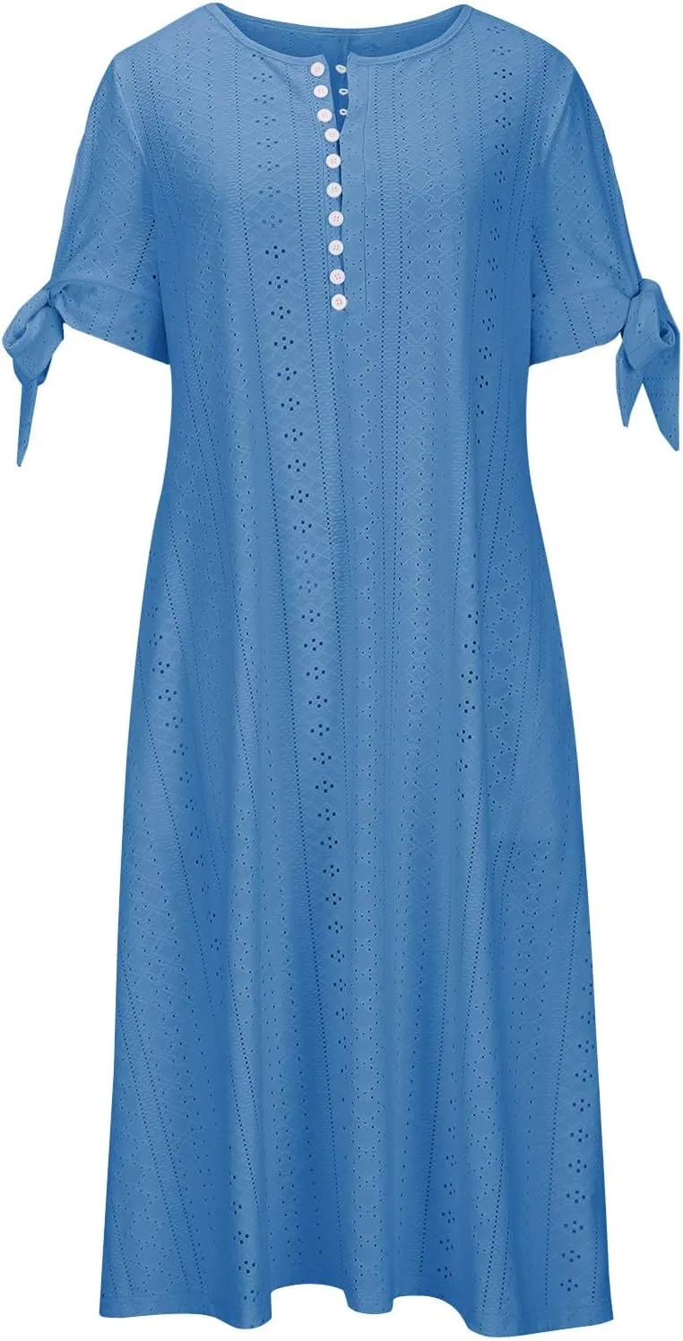Женское летнее платье макси с воротником V и кружевом, Blue — фото 4