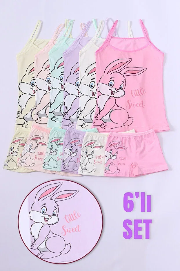 Детский комплект для девочек с принтом Rabbit Printed Rope Suspenders Shorts Set Dk Iç Giyim, Multicolor