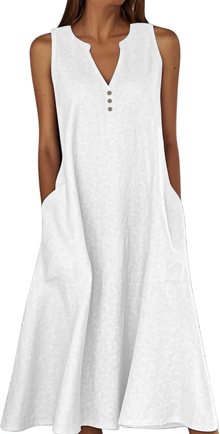 Женское летнее платье миди свободного кроя с карманами Cotton Linen, White