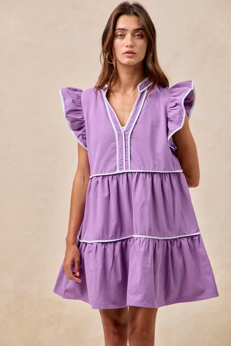 Женское платье мини с контрастной окантовкой и рюшами, Purple — фото 2