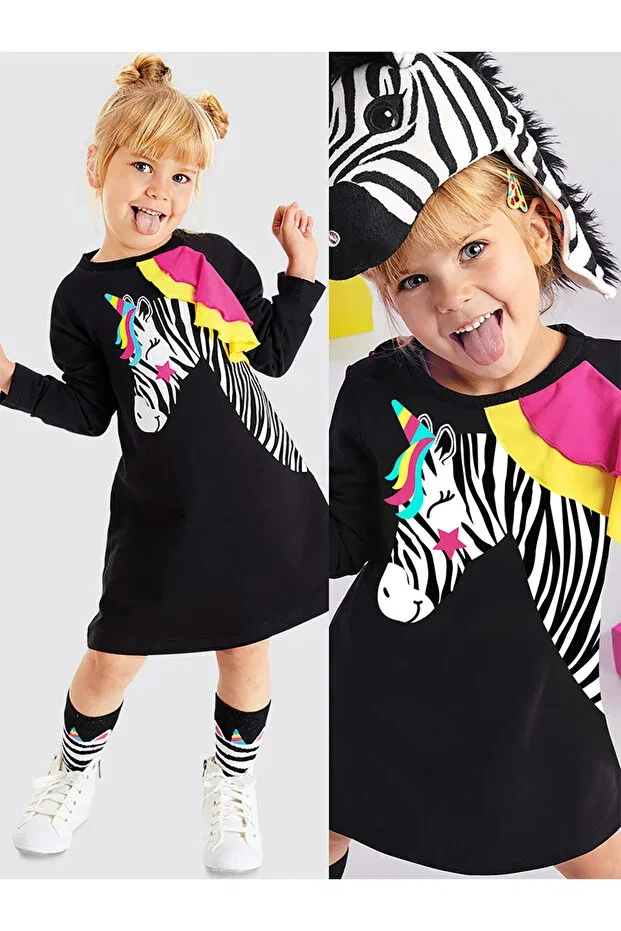 Детское платье для девочек с длинным рукавом Unicorn Zebra Denokids, Black