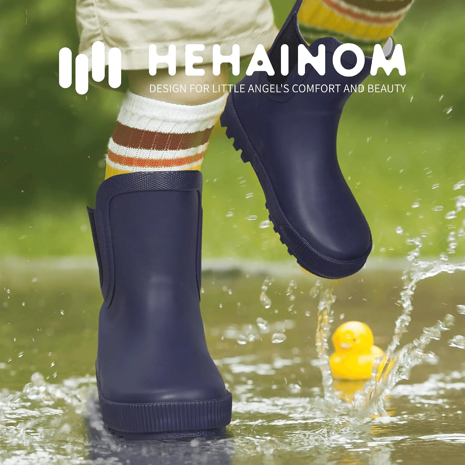 Детские резиновые сапоги для девочек и мальчиков с принтом Hehainom, Navy — фото 2