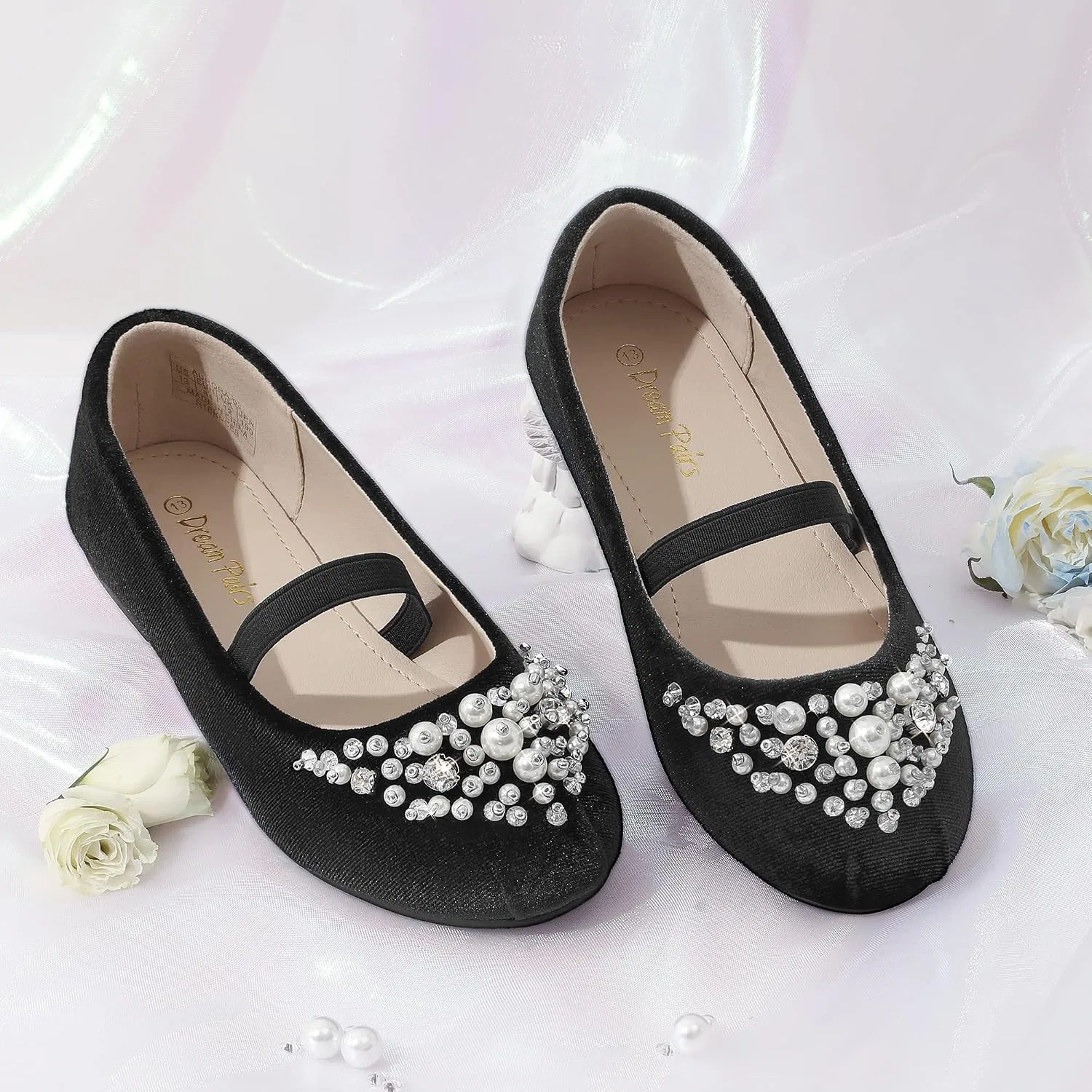 Детские балетки для девочек с цветочным принтом Mary Jane DREAM PAIRS, Black/Suede — фото 3