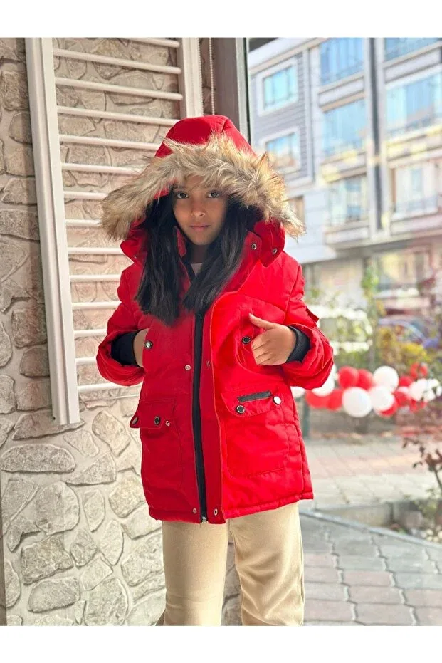 Детское зимнее пальто для девочек с принтом Fur detachable hood filled lined unisex high quality inflatable children's coat Narin Kids, Red