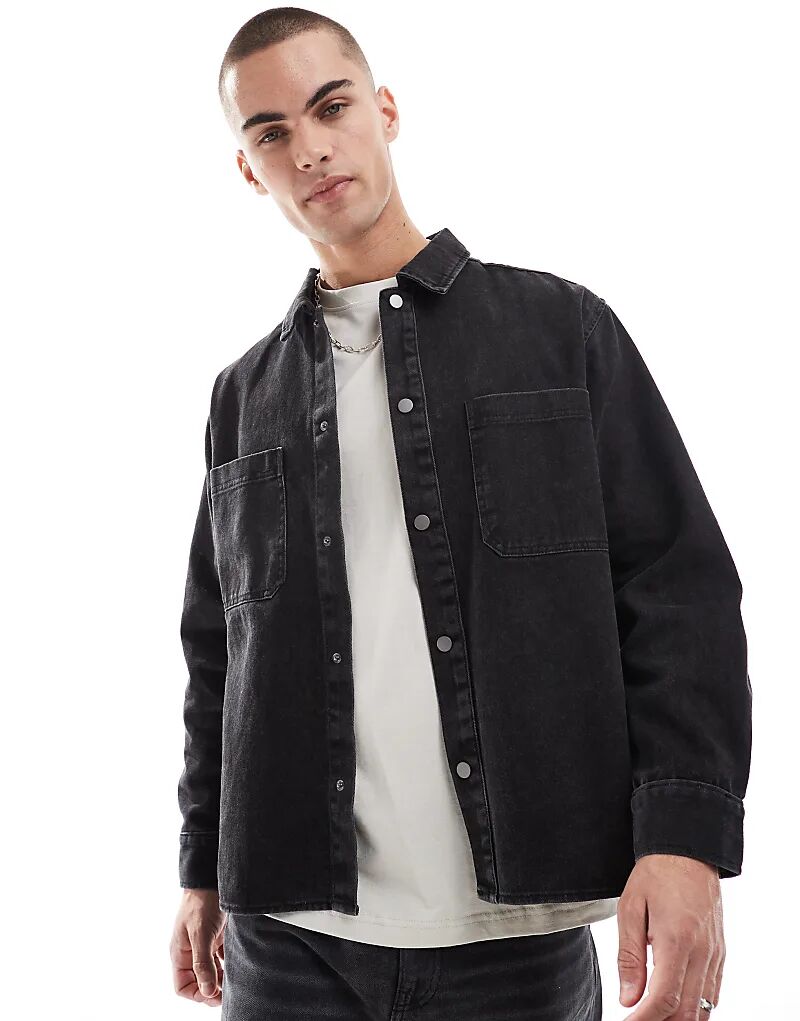 

Джинсовая рубашка с кислотной стиркой черного цвета Pull&Bear
