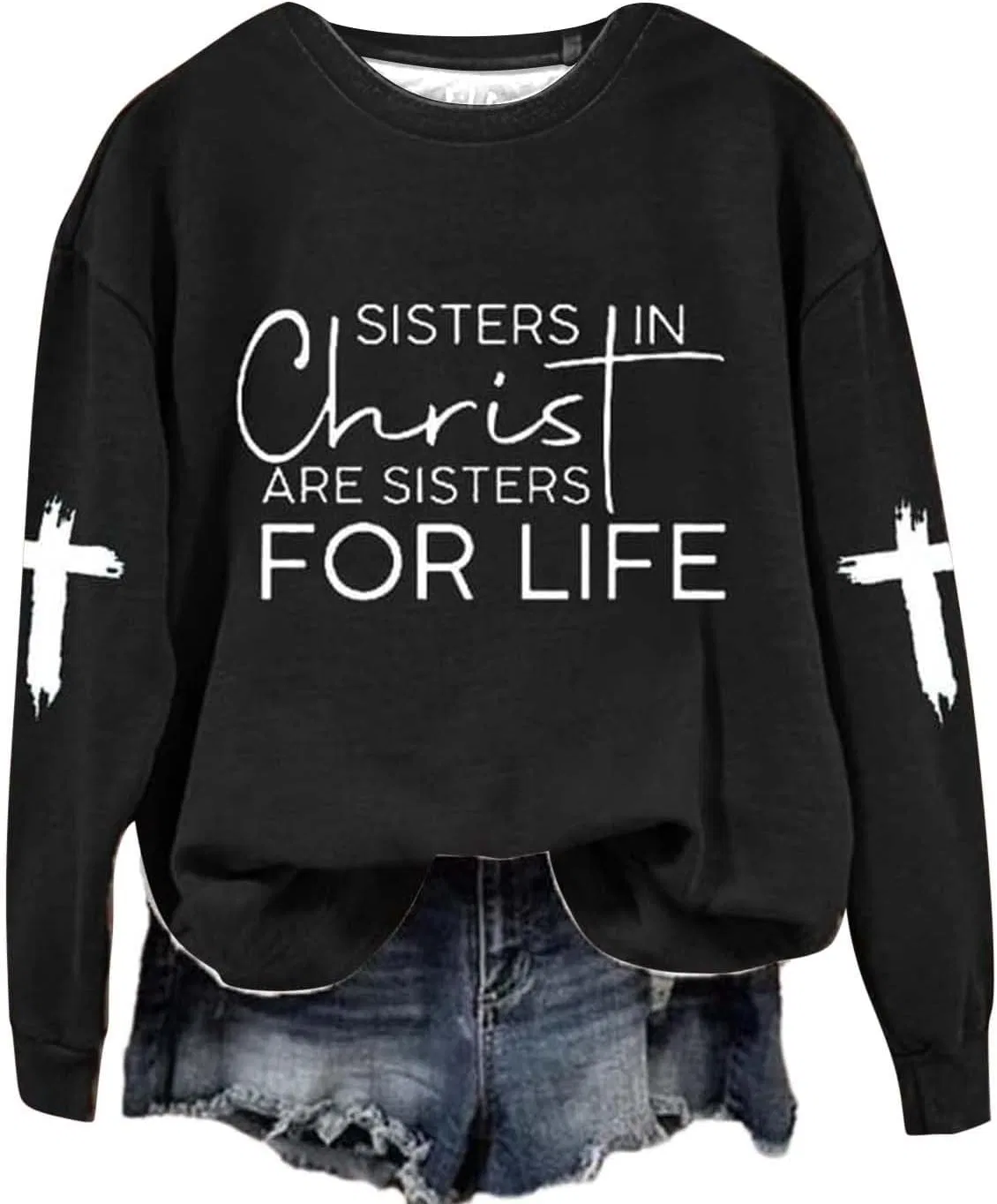 Женский свитшот с длинным рукавом Sisters In Christ Are Sisters For Life, чёрный — фото 2