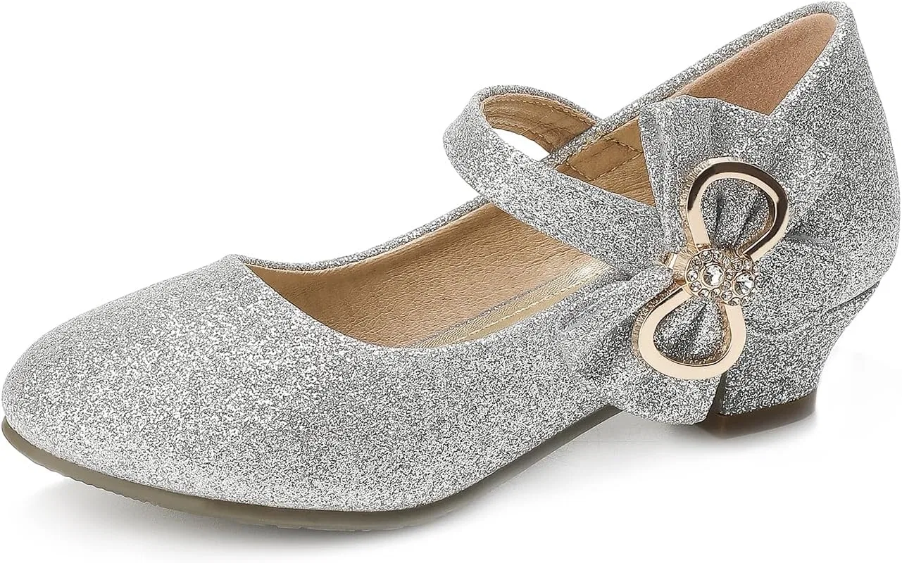 Детские туфли для девочек с блестками и цветком Mary Jane Heels Libuam, Silver