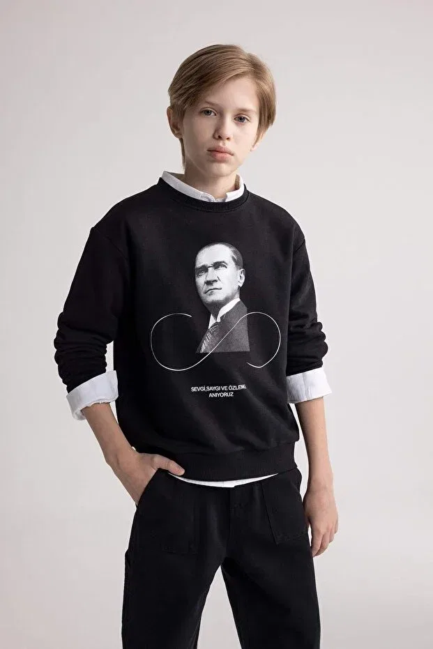 Детские свитшот для мальчиков с принтом Ataturk Printed Defacto, Black — фото 2