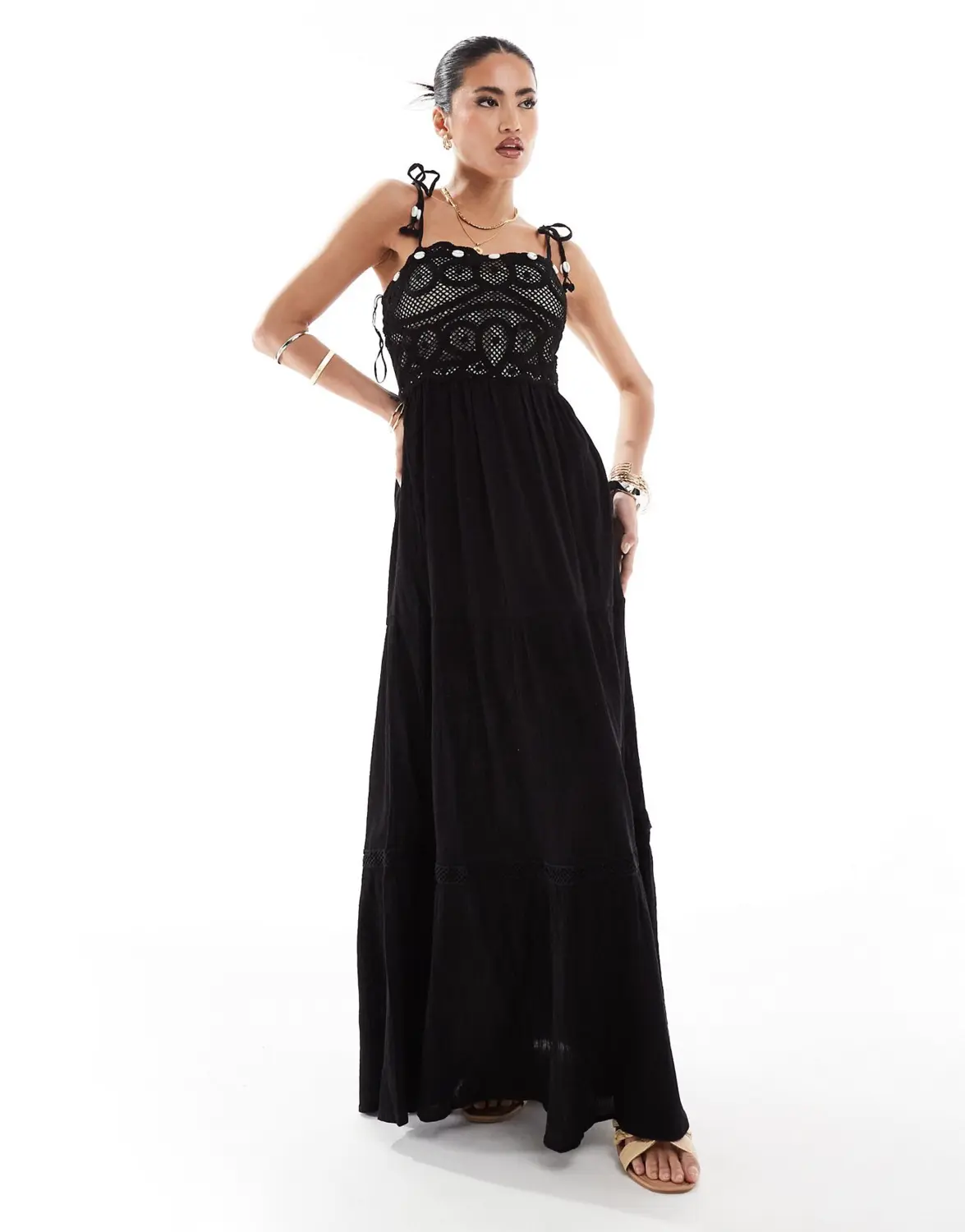 

Платье River Island Crochet Top Tiered Maxi, черный