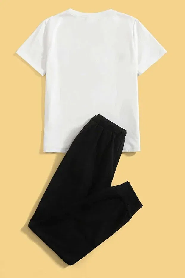 Детский комплект спортивного костюма для девочек с принтом Kids Happines Lower - Upper Tracksuit Set Uyguntarz, White — фото 2