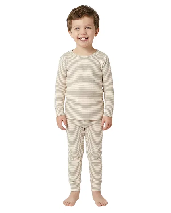 Детский комплект пижамы для мальчиков с длинным рукавом Oatmeal Stripe Bamboo Kids Pajama Set Motette, Beige/White Stripe — фото 2