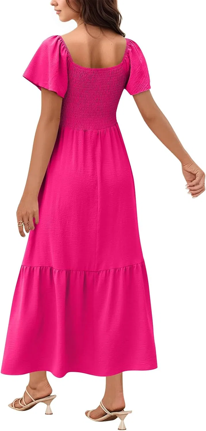 Женское платье макси с квадратным вырезом Flutter Sleeve, Hot Pink — фото 4