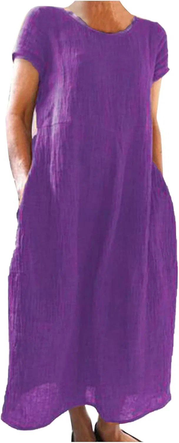Женское летнее платье макси из хлопка и льна, Purple