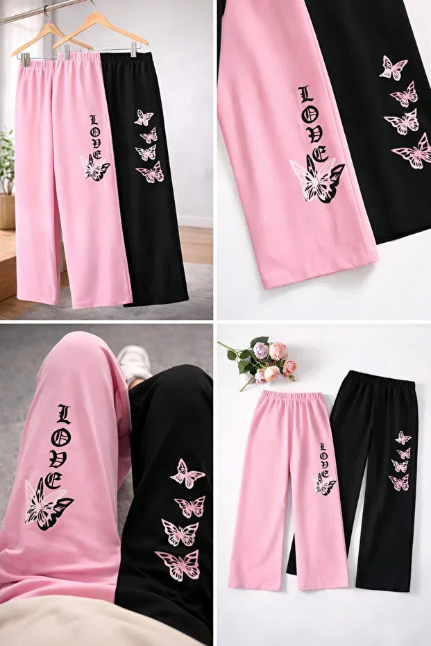 Детский комплект спортивных штанов для девочек с принтом 2-Piece butterfly printed pink black tracksuit set Kids, Multicolor — фото 2