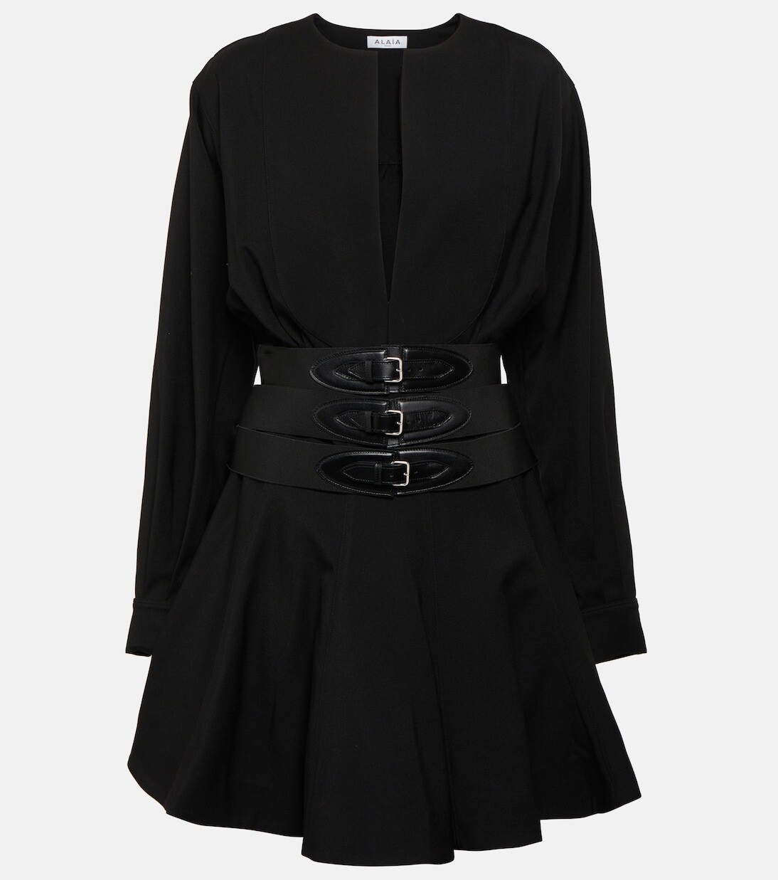 

Шерстяное мини-платье с поясом Alaïa, черный