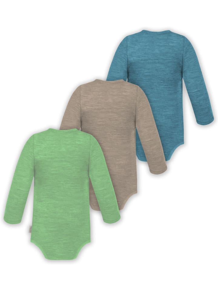 Normani Outdoor Sports Набор из 3 детских боди с длинными рукавами из мериносовой шерсти, синего, бежевого и зеленого цветов — фото 2