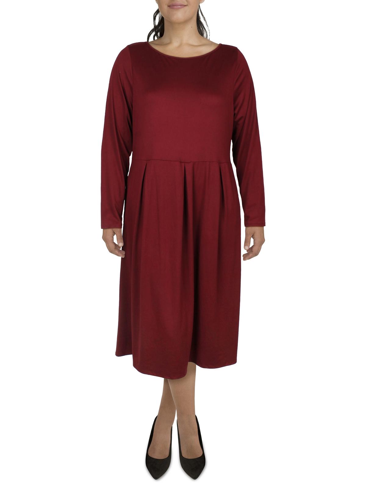 

Плюс Женское Плиссированное Платье Миди С Длинным Рукавом 24seven Comfort Apparel, цвет wine