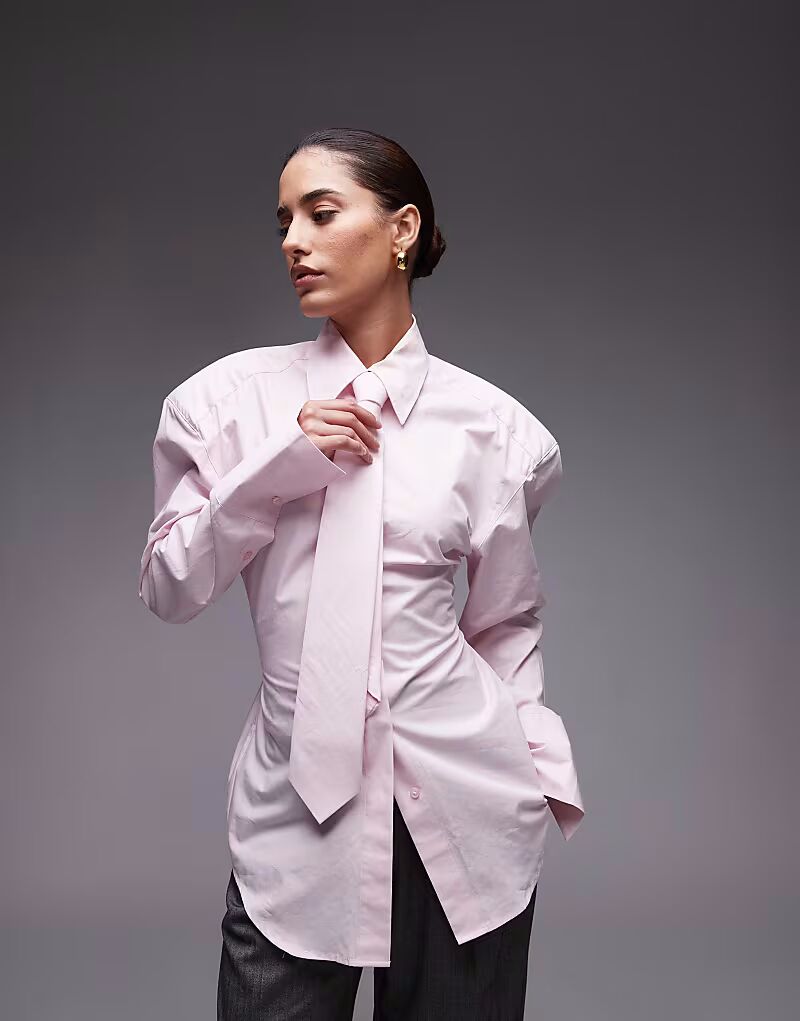 

Рубашка ASOS DESIGN с завязкой на талии, подплечниками и завязкой розового цвета