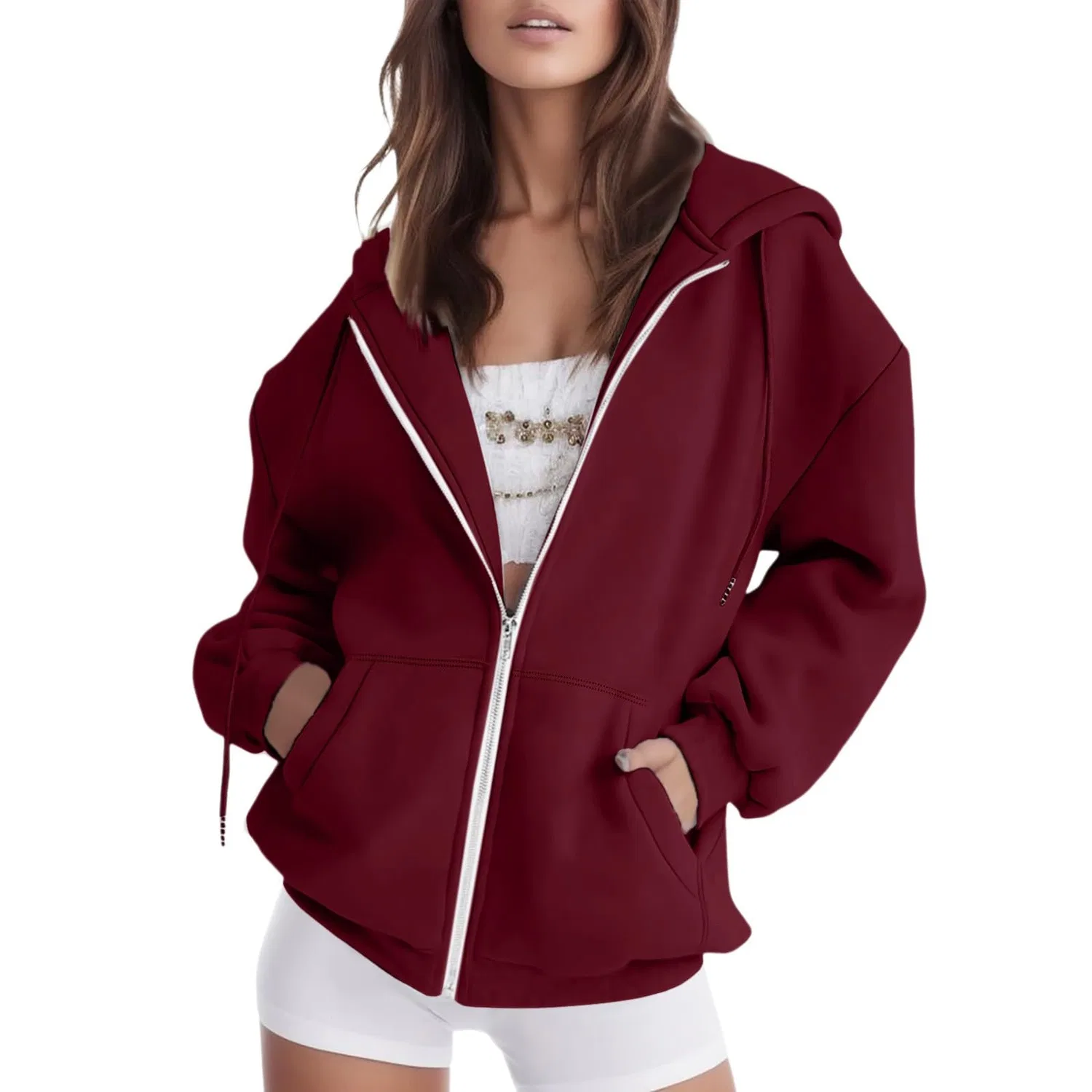 Женский худи с длинным рукавом на молнии Oversized Solid Color, Wine