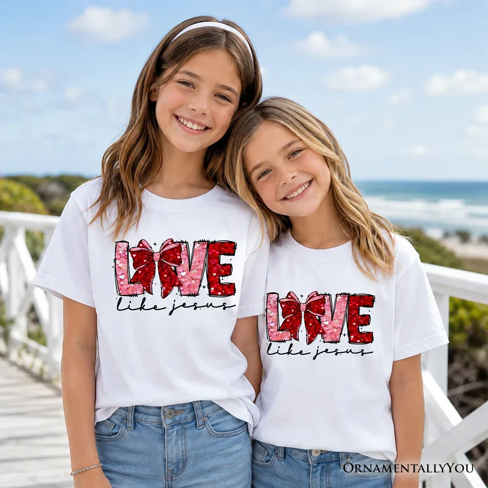 Детская футболка с принтом Jesus Love Kids T-Shirt Valentine Hearts Graphic Tee OrnamentallyYou, White — фото 4