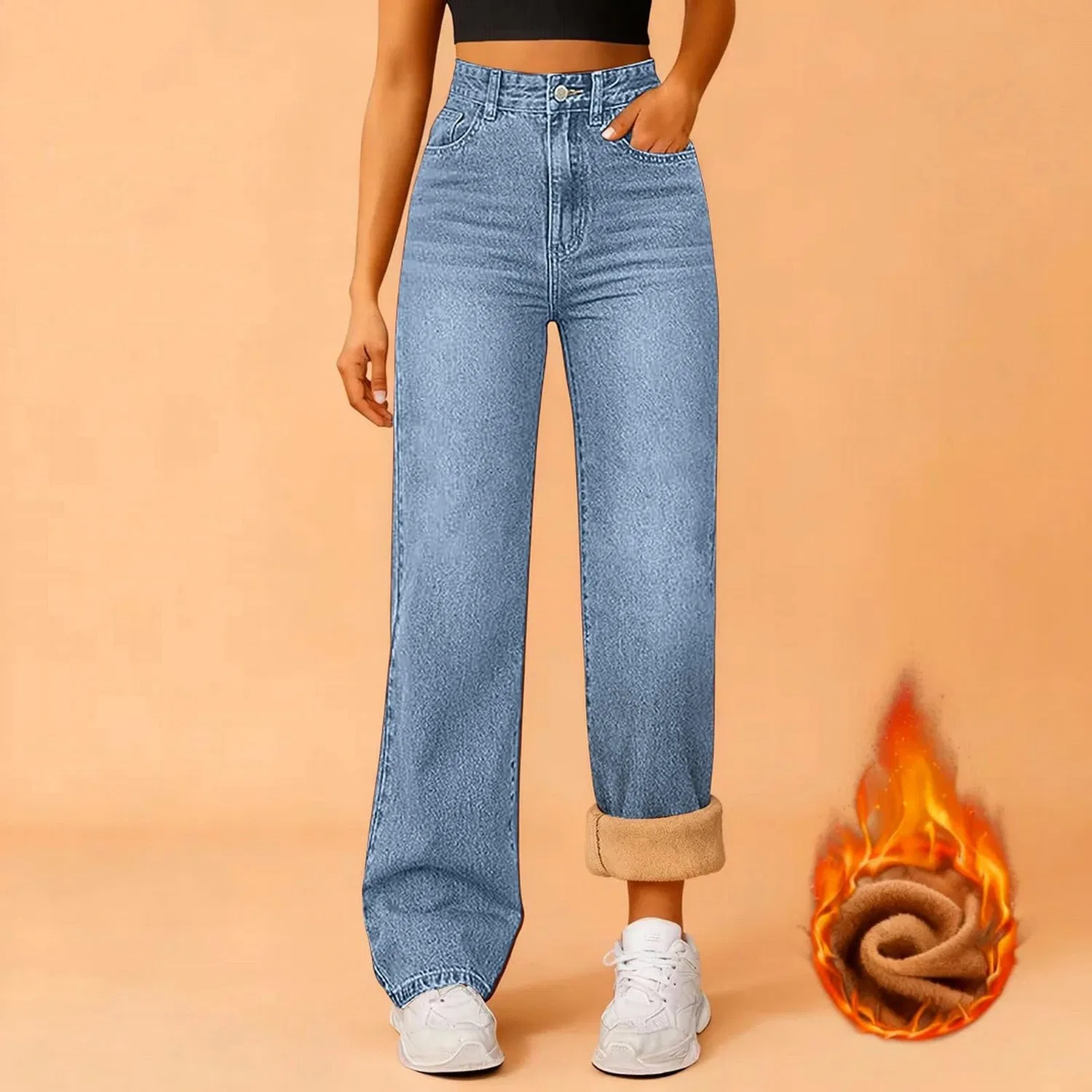 Женские утеплённые джинсы с флисом High Waisted Straight Leg, blue — фото 2